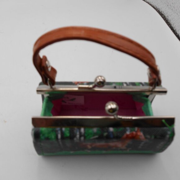 MINI LIPSTICK HORSE THEME PURSE GREEN BROWN AND SILVER CUTE - Picture 9 of 12